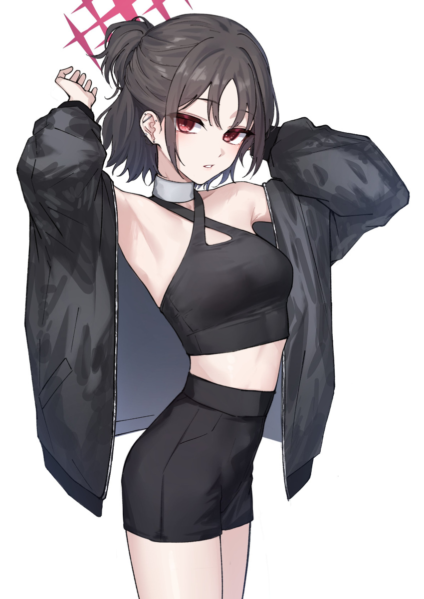 1girl, absurdres, aoi_riko, armpits, arms_up, bandaged_neck, bandages, bare_shoulders, black_hair, black_jacket, blue_archive, commentary_request, criss-cross_halter, ear_piercing, halterneck, highres, jacket, looking_at_viewer, misaki_(blue_archive), misaki_(zozotown)_(blue_archive), piercing, ponytail, red_eyes, short_hair, short_ponytail, shorts, zozotown
