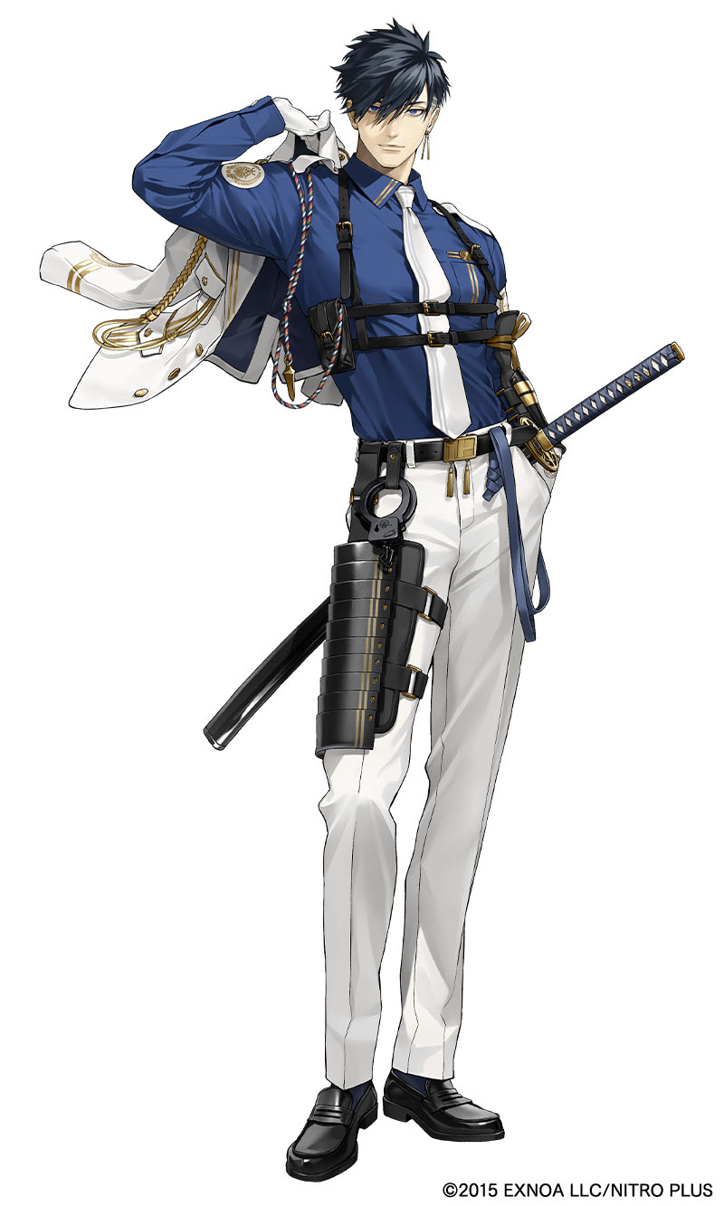 1boy, belt, black_belt, black_hair, black_shoes, blue_eyes, blue_shirt, chest_belt