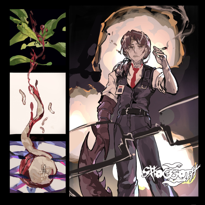 1boy, apple, arthropod_limbs, artist_name, beard_stubble, belt, black_belt, black_pants