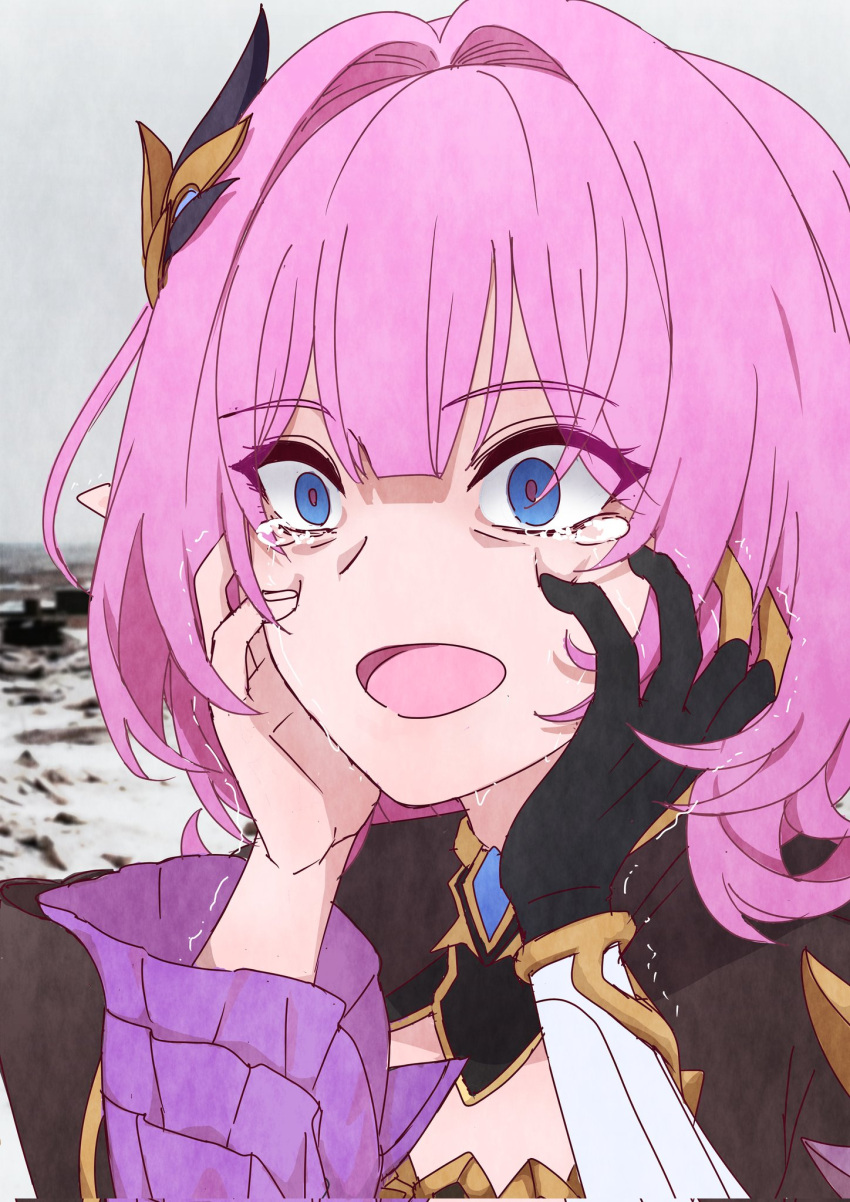 1girl, bikeibikei, black_gloves, black_shrug, blue_eyes, corrupted_twitter_file, elf, elysia_(honkai_impact)