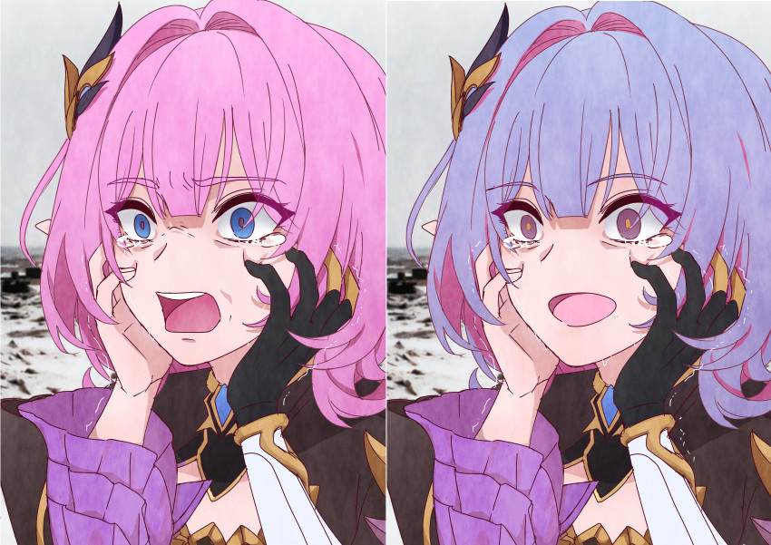 2girls, absurdres, bikeibikei, black_gloves, black_shrug, blue_eyes, blue_hair, commentary_request