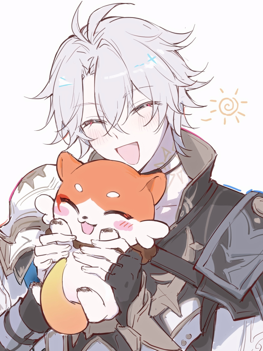 1boy, antenna_hair, armor, black_choker, black_gloves, black_shirt, blush, chimera_(honkai:_star_rail)