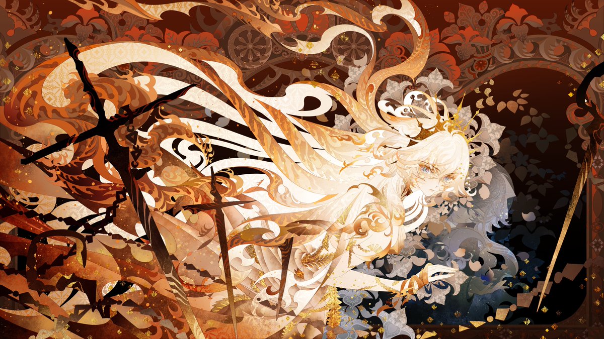 cinderella_(silver_palace), cross, crown, long_hair, looking_at_viewer, orange_hair, sainker, silver_palace, very_long_hair, white_hair