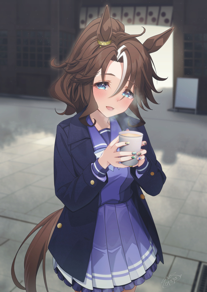 1girl, absurdres, animal_ears, black_coat, black_jacket, blue_eyes, blush, bow, bowtie, breasts, brown_hair, brown_tail, coat, commentary_request, cup, fingernails, hair_between_eyes, highres, holding, holding_cup, horse_ears, horse_girl, horse_tail, horseshoe_ornament, inukai_nagisa, jacket, long_hair, long_sleeves, looking_at_viewer, mejiro_palmer_(umamusume), multicolored_hair, multicolored_nails, nail_art, nail_polish, open_clothes, open_coat, open_jacket, open_mouth, pleated_skirt, pointy_ears, ponytail, purple_sailor_collar, purple_serafuku, purple_shirt, purple_skirt, sailor_collar, sailor_shirt, school_uniform, serafuku, shirt, skirt, smile, solo, steaming_cup, streaked_hair, tail, tracen_school_uniform, tracen_winter_coat, umamusume, white_bow, white_bowtie, white_hair, white_streaks