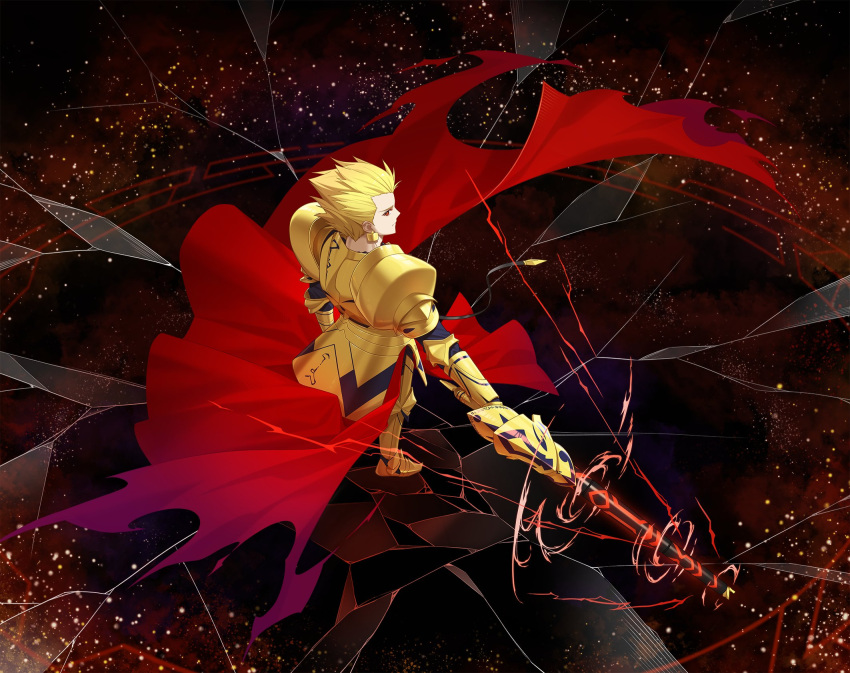 1boy, armor, armored_boots, armored_skirt, blonde_hair, boots, cape, commentary_request, crack, cracked_glass, cross_akiha, ea_(fate), earrings, fate/stay_night, fate/strange_fake, fate_(series), full_armor, full_body, gauntlets, gilgamesh_(fate), gold_armor, gold_earrings, highres, holding, jewelry, male_focus, red_cape, red_eyes, short_hair, shoulder_armor, solo, spiky_hair, waist_cape, weapon