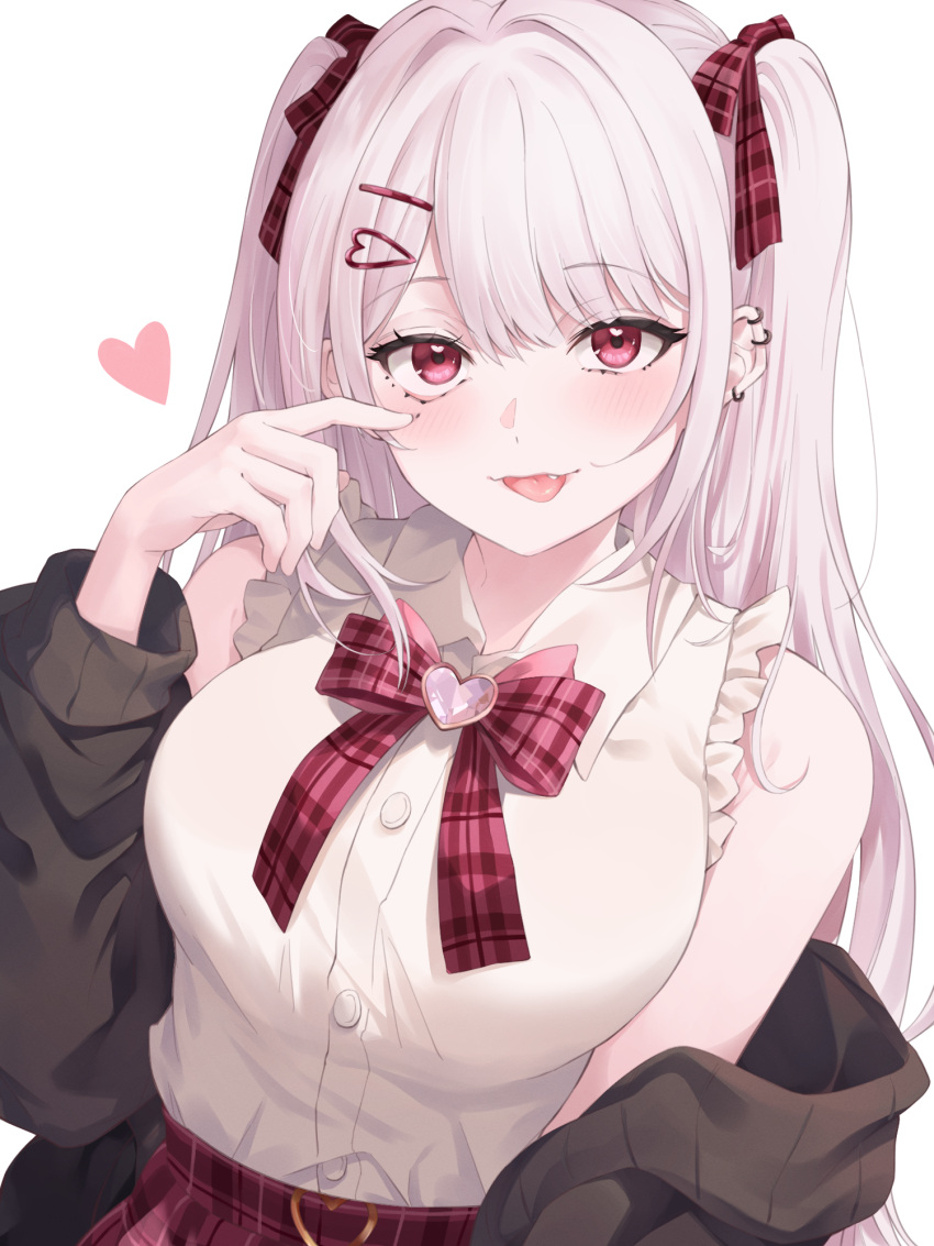 1girl, blush, bow, bowtie, breasts, brooch, earclip, grey_hair