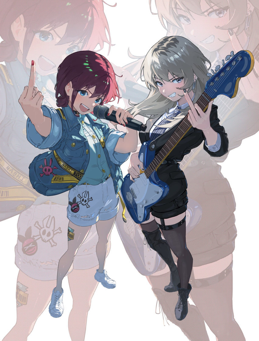 2girls, black_boots, black_choker, black_jacket, black_nails, black_necktie, black_shorts, black_thighhighs, blue_eyes, blue_shirt, boots, brown_hair, choker, commentary_request, dress_shirt, electric_guitar, fender_jazzmaster, garter_straps, girls_band_cry, grey_hair, guitar, highres, holding, holding_guitar, holding_instrument, instrument, iseri_nina, jacket, kawaragi_momoka, korean_commentary, long_hair, low_twintails, mansahyeong, middle_finger, multicolored_hair, multiple_girls, nail_polish, necktie, open_clothes, open_jacket, open_mouth, red_nails, roots_(hair), shirt, shoes, short_hair, short_twintails, shorts, simple_background, striped_clothes, striped_necktie, teeth, thigh-highs, twintails, upper_teeth_only, white_background, white_shoes, white_shorts