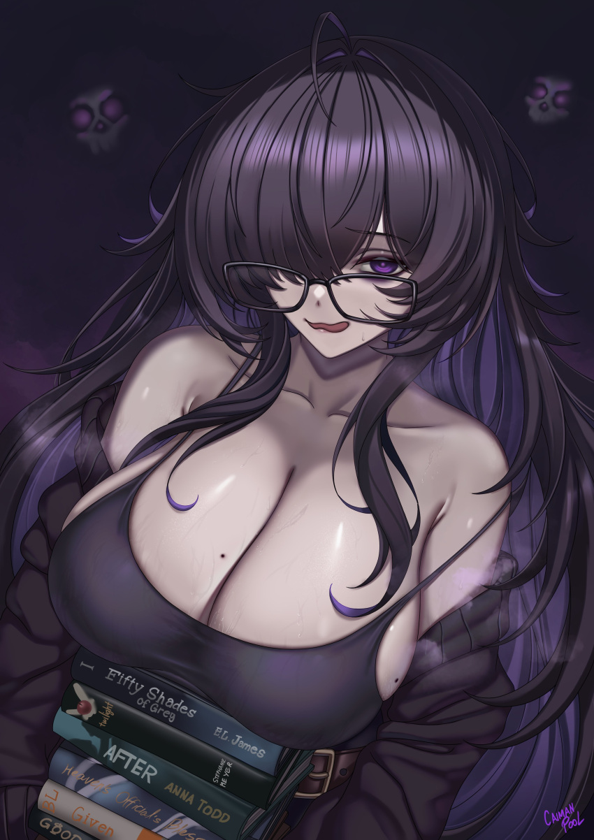 absurdres, bags_under_eyes, black-framed_eyewear, black_cardigan, book, breasts, caiman_pool, cardigan, cardigan_partially_removed, colored_inner_hair, commentary, dress, english_commentary, glasses, goddess_of_victory:_nikke, hair_between_eyes, hand_on_book, highres, j.k._(style), label_(nikke), large_breasts, mole, mole_on_breast, multicolored_hair, nervous_smile, open_mouth, purple_streaks, simple_background, smile, taut_clothes, taut_dress