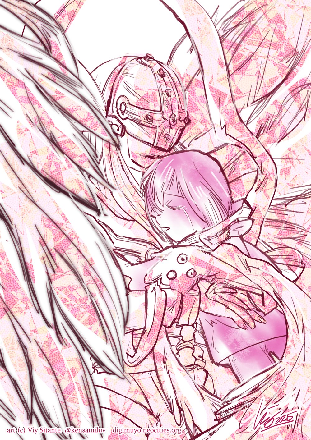 angel_wings, angewomon, colorful, covered_eyes, digimon, digimon_(creature), digimon_adventure, digimon_day, helmet, helmet_over_eyes, highres, holding_digimon, viy_sitante, wings, yagami_hikari