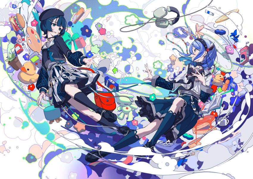 2girls, bandaid, bandaid_on_face, blue_eyes, blue_hair, ciel_(kamitsubaki_studio), commentary_request, dress