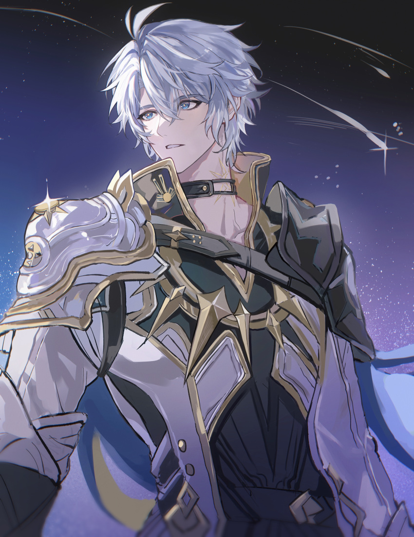 1boy, absurdres, antenna_hair, armor, black_choker, black_shirt, blue_cape, blue_eyes