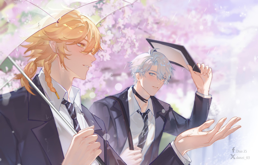 2boys, antenna_hair, black_choker, black_jacket, blonde_hair, blue_eyes, blue_necktie, braid