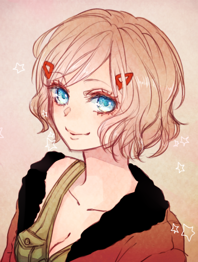 aimu, axis_powers_hetalia, blonde_hair, blue_eyes, breasts, cleavage, front-tie_top, genderswap, hachi_(aimu), hair_ornament, hairclip, jacket, smile, solo