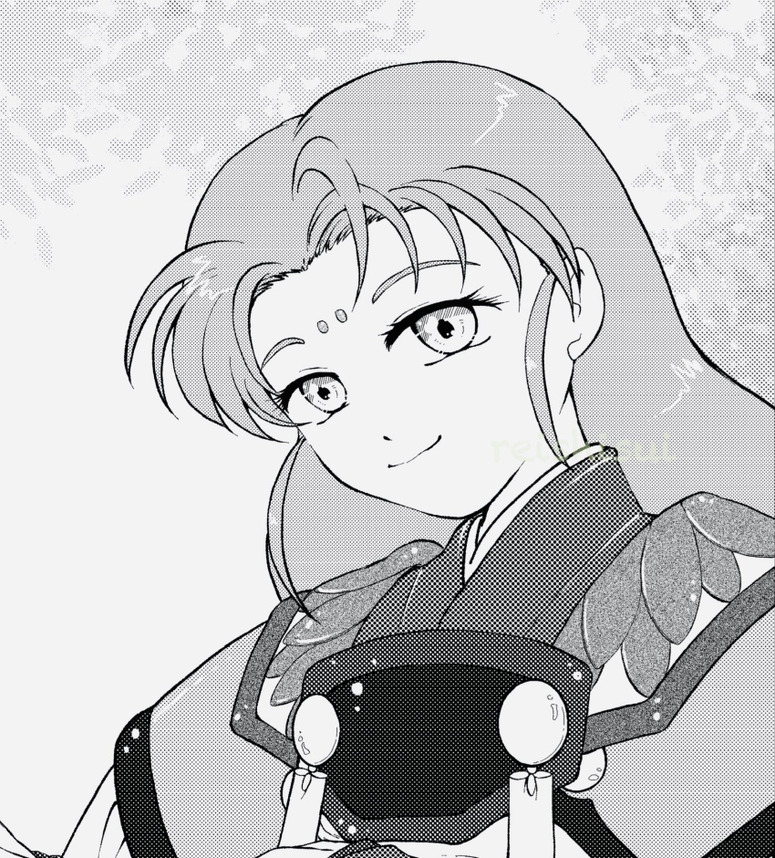 artist_request, check_artist, facial_mark, forehead_mark, greyscale, highres, japanese_clothes, looking_at_viewer