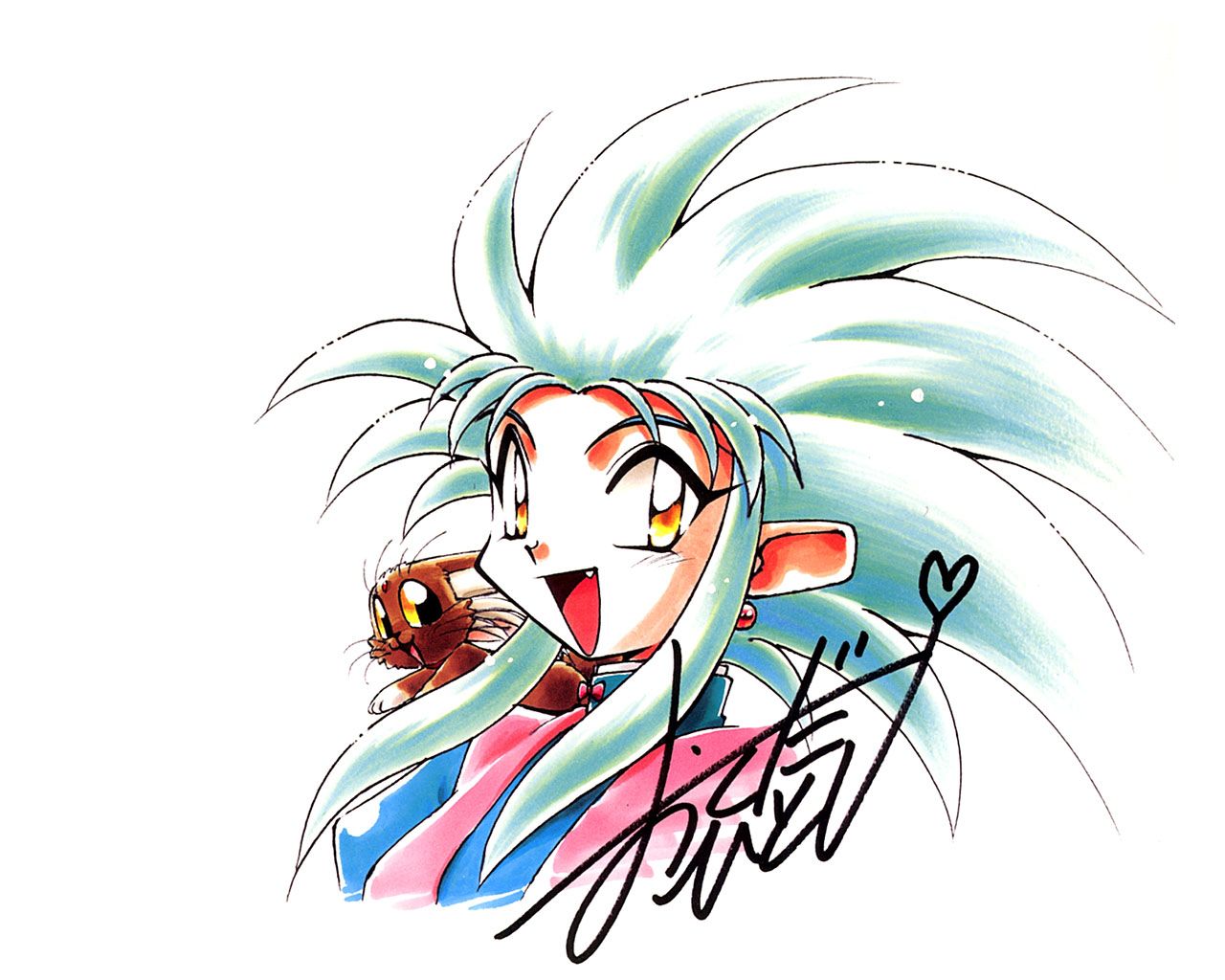 1girl, 1other, :d, aqua_hair, cabbit, dress, earrings, fang
