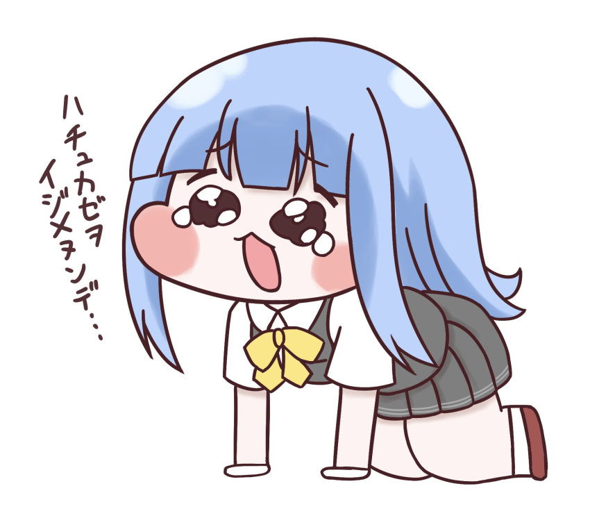1girl, all_fours, blue_hair, blunt_bangs, blush_stickers, chibi, chibi_only, collared_shirt