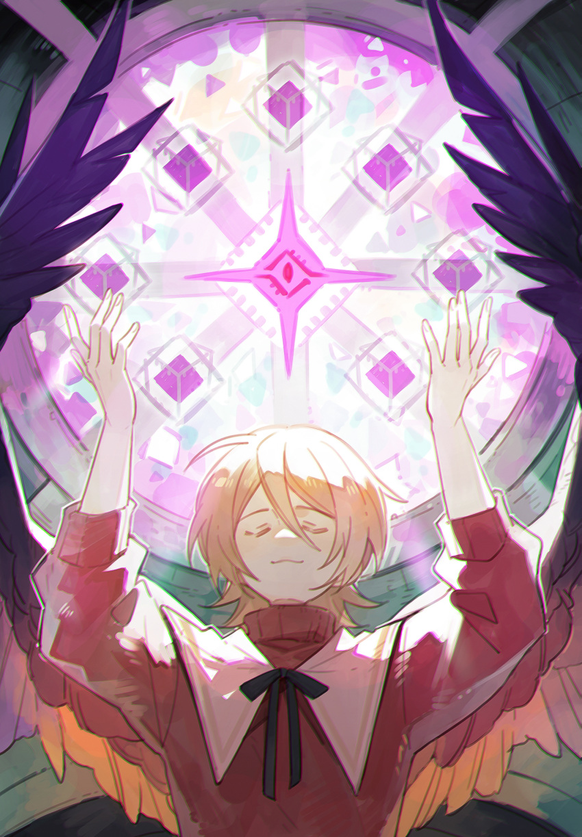 1boy, :3, animification, arms_up, bird_boy, bird_wings, bishounen, black_ribbon