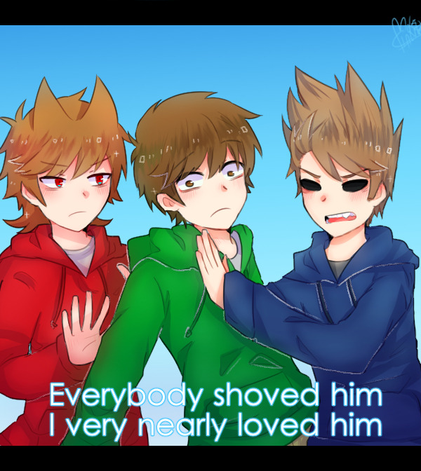 3boys, animification, antenna_hair, blue_hoodie, brown_eyes, brown_hair, commentary, derivative_work