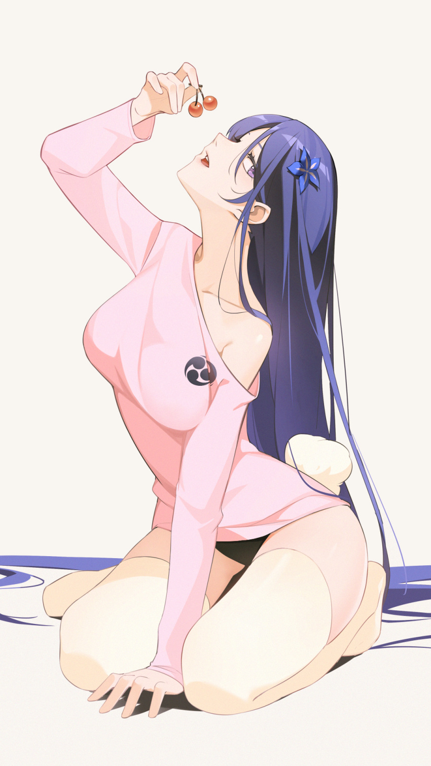 1girl, alternate_costume, arm_up, blunt_bangs, breasts, cherry, collarbone, commentary