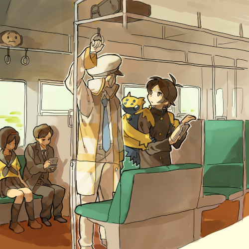 coat, gakuran, galvantula, gero_(hitoridenka), hat, hitoridenka, kudari_(pokemon), lowres, necktie, nintendo_ds, peaked_cap, pokemon, pokemon_(game), pokemon_black_and_white, pokemon_bw, school_uniform, short_hair, subway, touya_(pokemon), tympole, white_hair