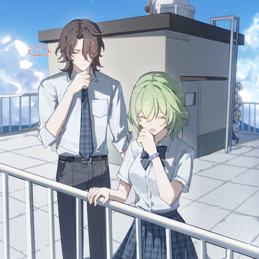 2girls, 3boys, aether_(genshin_impact), aged_down, ahoge, alternate_costume, alternate_universe, artist_name