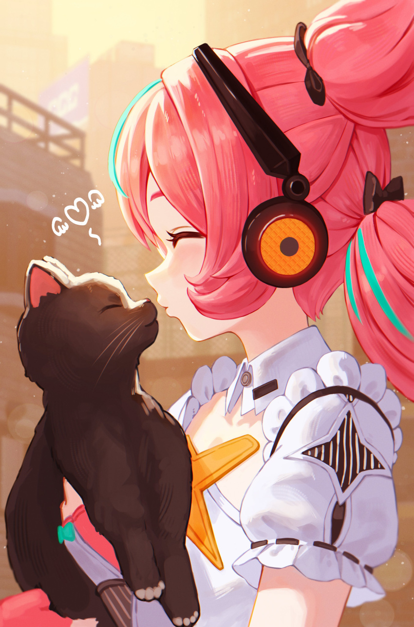 1girl, absurdres, animal, aqua_hair, aqua_streaks, black_bow, black_cat, bow