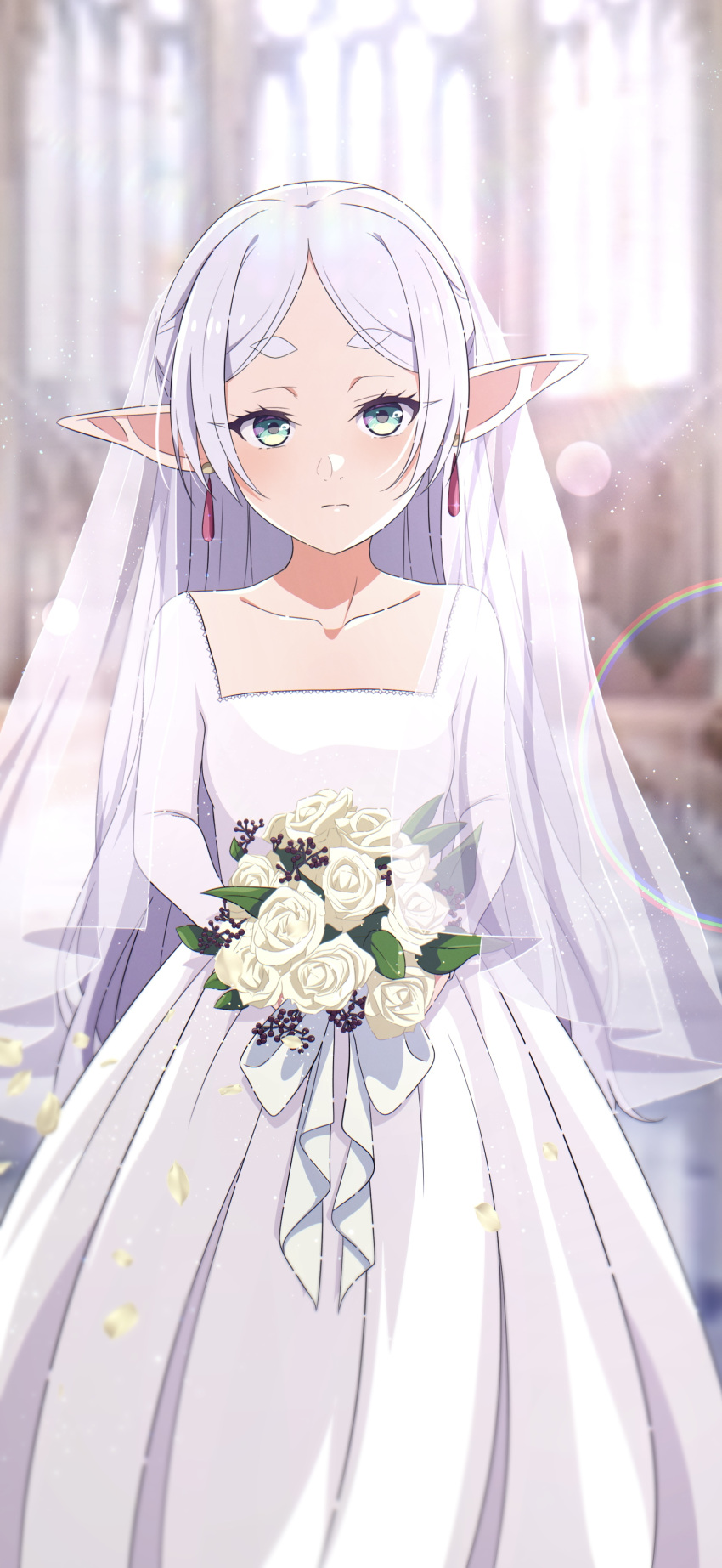 1girl, absurdres, alternate_costume, bouquet, bridal_veil, capelet, church, closed_mouth