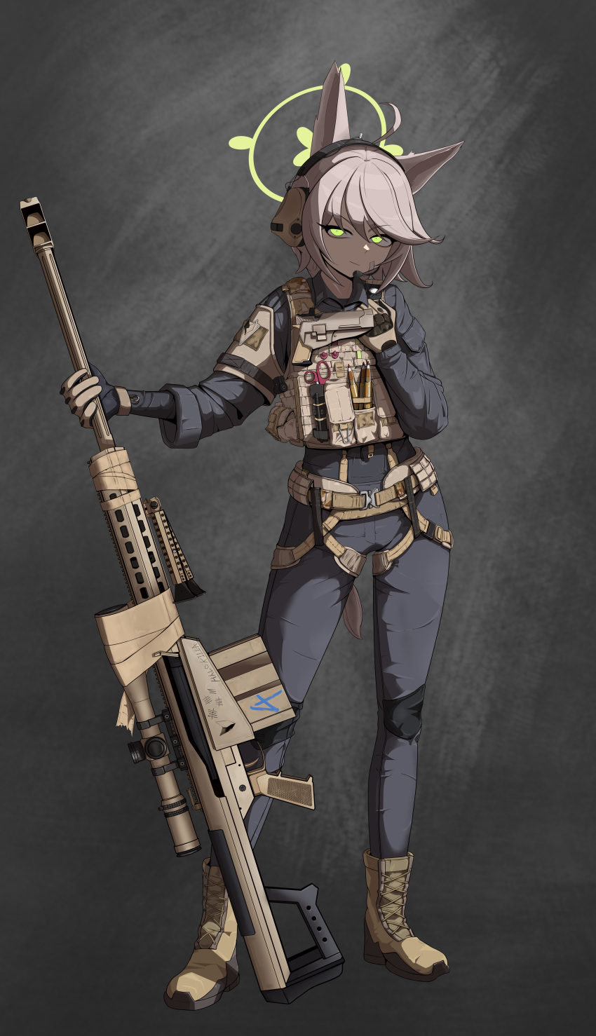 1girl, absurdres, ahoge, animal_ear_fluff, animal_ears, anti-materiel_rifle, barrett_m82, belt, black_pants, black_shirt, black_suit, blue_archive, boots, bulletproof_vest, commentary_request, fox_ears, fox_girl, fox_platoon_(blue_archive), fox_tail, furrowed_brow, glock, gloves, glowing, glowing_eyes, grey_hair, gun, halo, hand_up, handgun, headphones, highres, holding, holding_gun, holding_weapon, holster, implied_extra_ears, looking_at_viewer, microphone, military, military_combat_uniform, military_uniform, odi, original, otogi_(blue_archive), pants, rifle, scissors, scope, shirt, sniper_rifle, standing, suit, tactical_clothes, tactical_gloves, tail, weapon, yellow_boots, yellow_eyes, yellow_halo