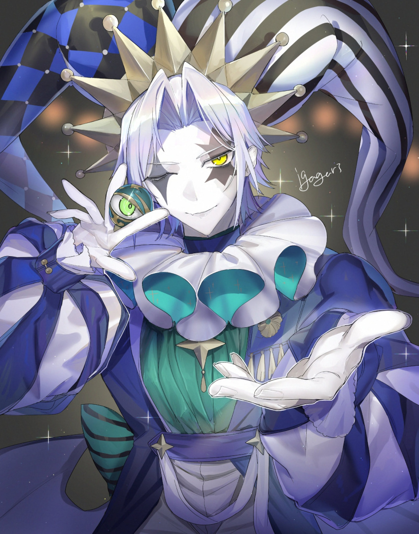 1boy, clown_crew_biancaviso, colored_skin, commentary, cowboy_shot, duel_monster, facial_mark, gloves