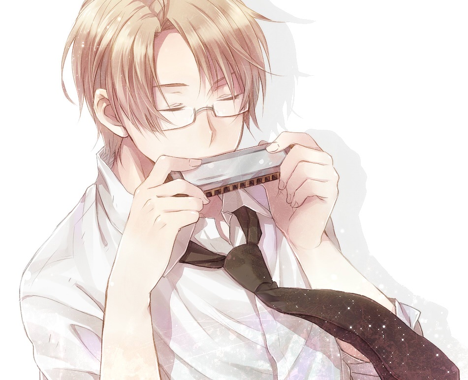 america_(hetalia), axis_powers_hetalia, blonde_hair, closed_eyes, eyes_closed, harmonica, instrument, male, necktie, solo, yoita_e, yousan