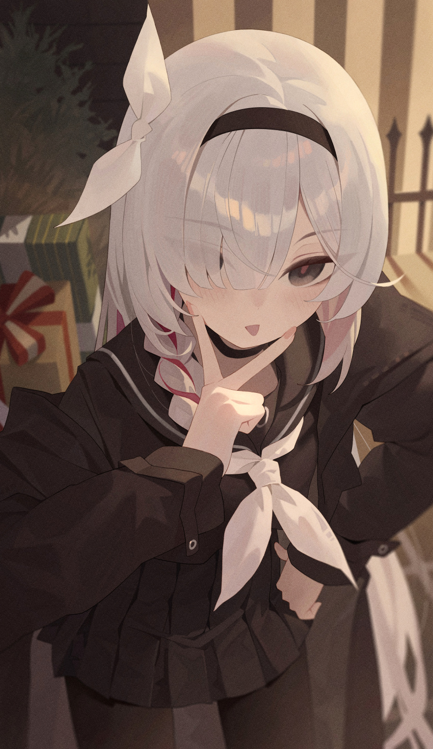 1girl, absurdres, black_eyes, black_pantyhose, blue_archive, box, braid, chinese_commentary, commentary_request, fence, gift, gift_box, hair_ribbon, hand_on_own_hip, highres, indoors, long_hair, looking_at_viewer, necktie, pantyhose, plana_(blue_archive), ribbon, school_uniform, solo, songyang_syouyou, tongue, tongue_out, tree, v, white_hair