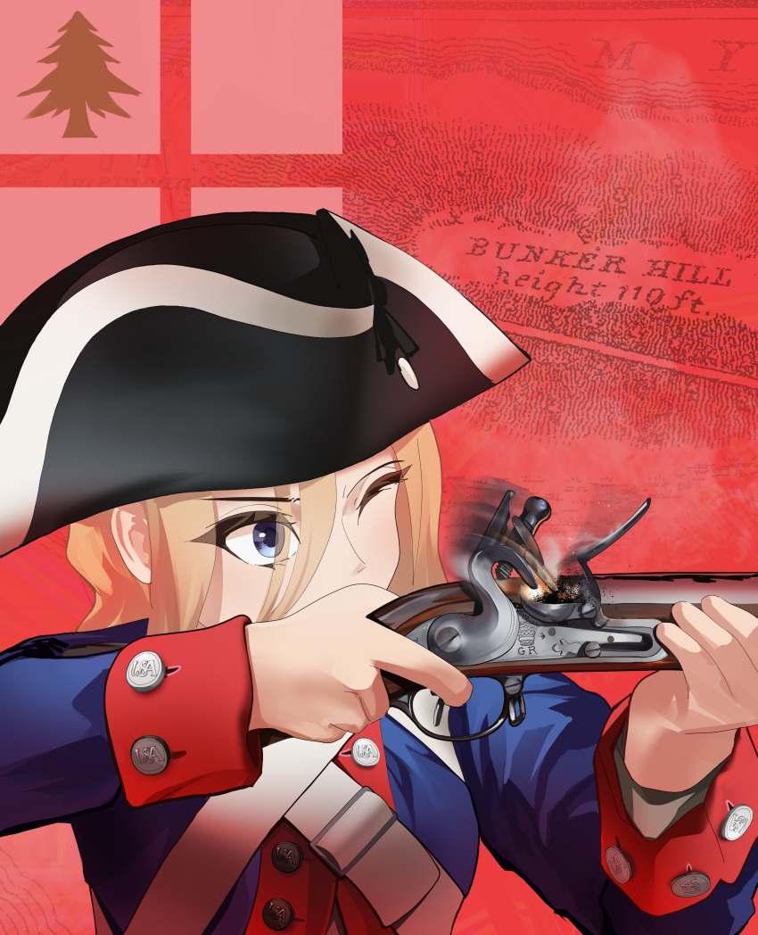 1girl, absurdres, antique_firearm, bicorne, black_hat, blonde_hair, blue_eyes, blue_jacket