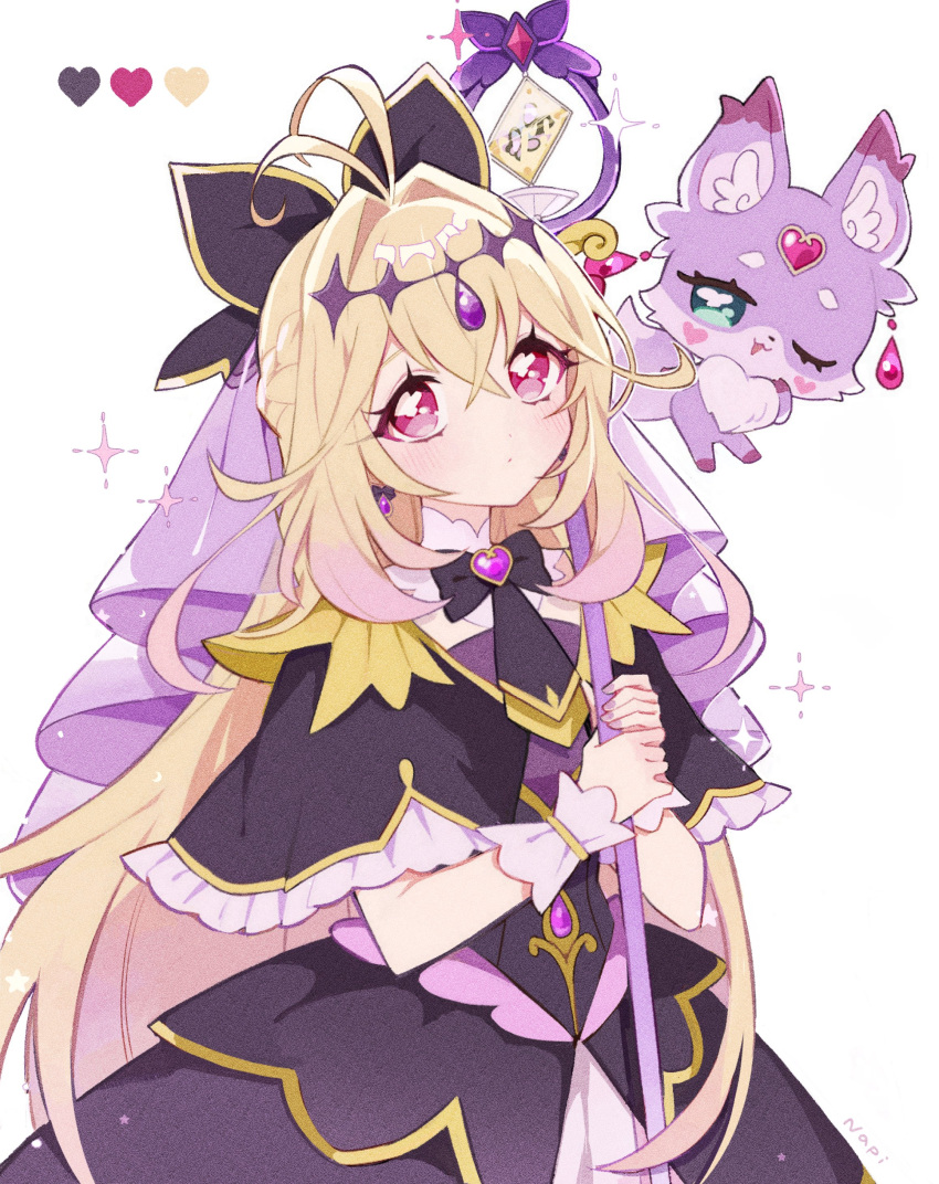 1girl, absurdres, antenna_hair, black_capelet, black_dress, blonde_hair, bow, bowtie