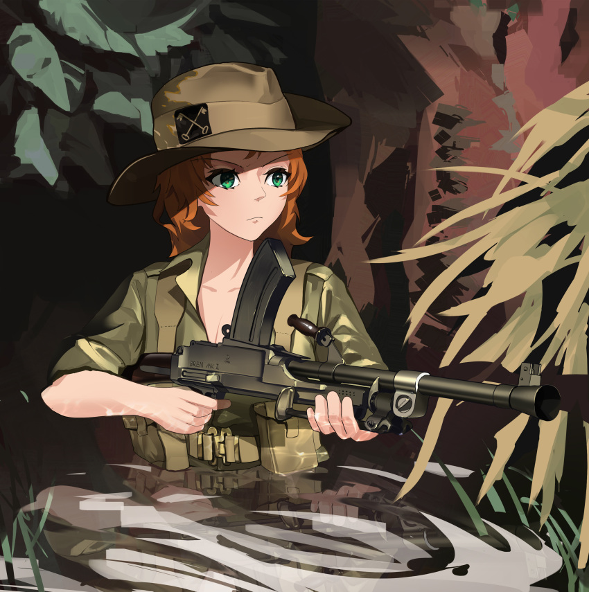 1girl, absurdres, ammunition_pouch, australian_army, belt, bren_lmg, brown_hat, english_commentary