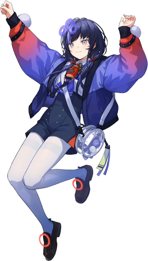 1girl, arms_up, artist_request, black_shoes, blue_hair, blue_jacket, blue_neckerchief, blue_shorts