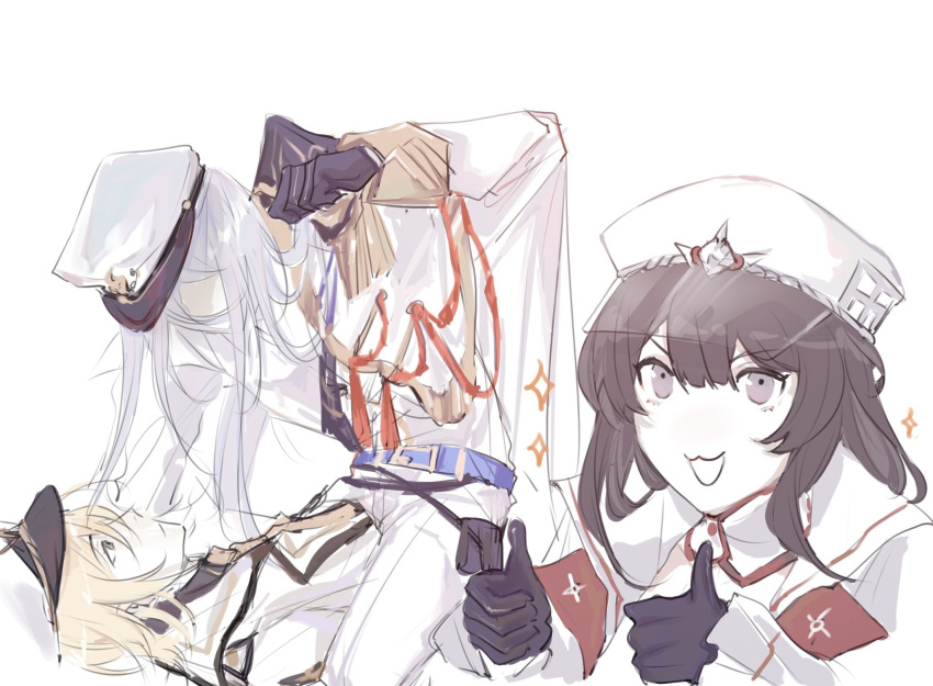 1girl, 2boys, :d, aiguillette, alkaid_mcgrath, alkaid_mcgrath_(infinite_empire), belt, belt_buckle