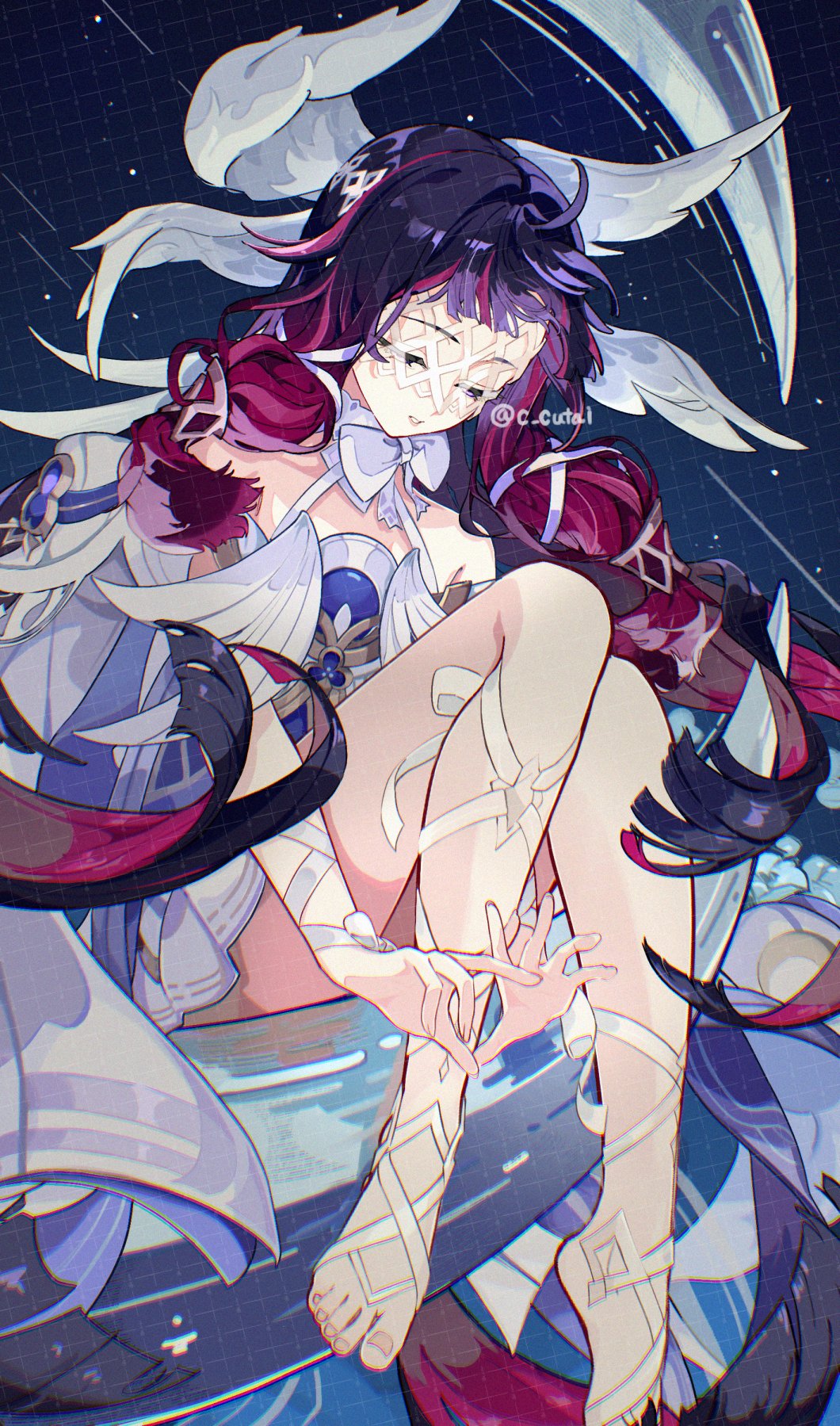 1girl, bare_shoulders, barefoot, black_hair, blue_background, bow, c_cutai, closed_eyes