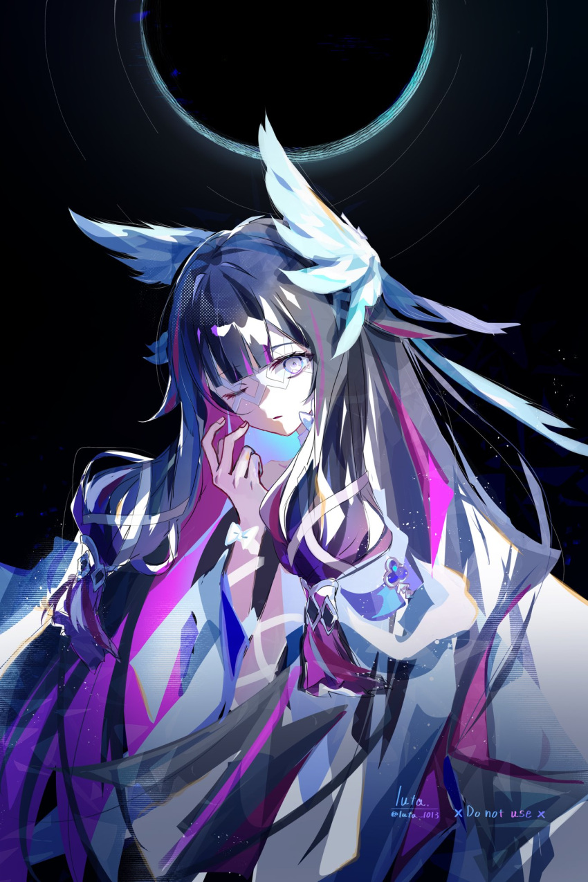 1girl, arm_ribbon, black_background, black_hair, columbina_(genshin_impact), commentary_request, eye_mask, feathered_wings