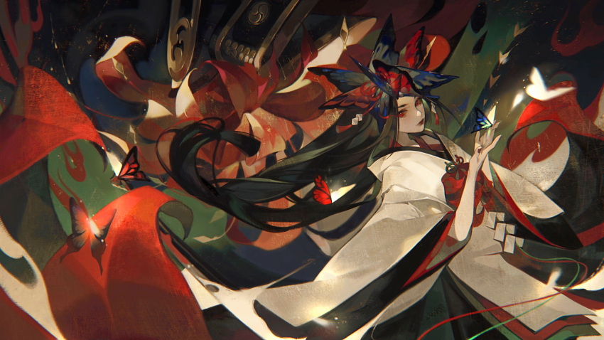 1girl, baichuan_baichuan, blue_flower, brown_hair, bug, butterfly, butterfly_hair_ornament, closed_mouth