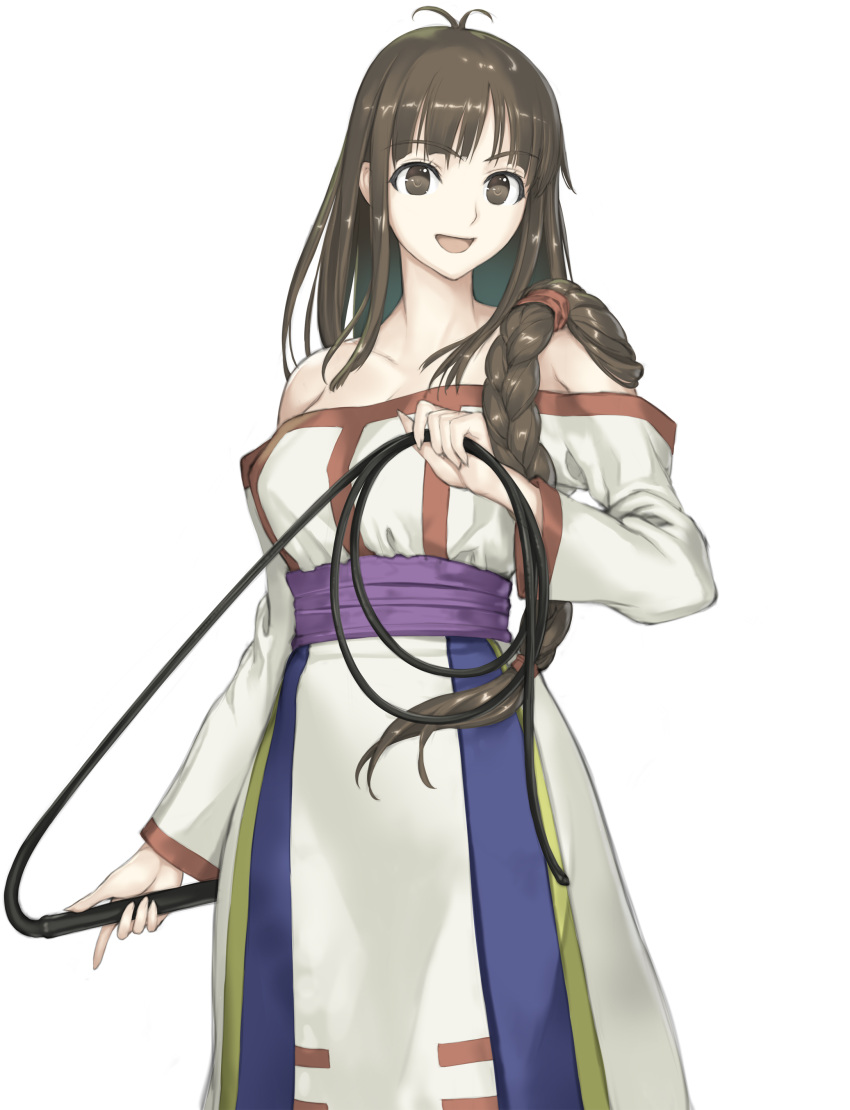1girl, :d, absurdres, arc_the_lad, arc_the_lad_ii, bare_shoulders, braid, brown_eyes