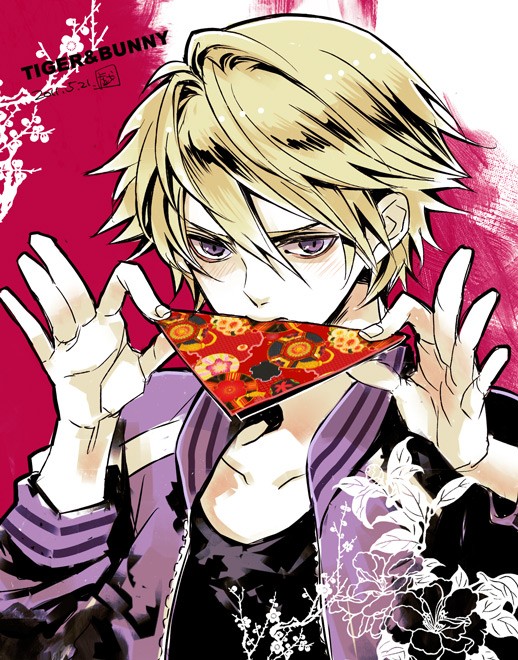blonde_hair, hys122211, ivan_karelin, jacket, letterman_jacket, male, mouth_hold, origami