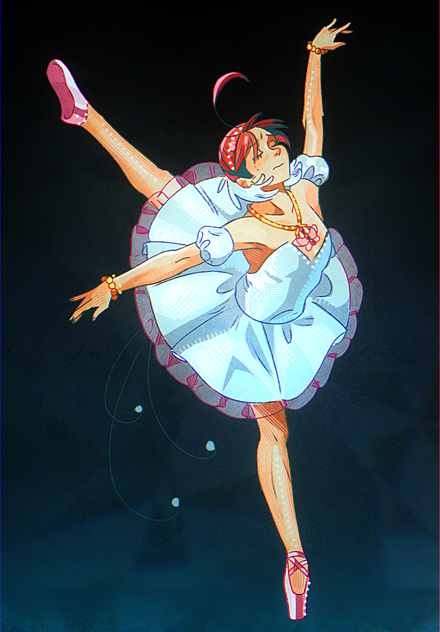 1girl, ahiru_(princess_tutu), ahoge, arabesque_(pose), ballerina, ballet, ballet_dress, ballet_slippers, bare_shoulders, bracelet, closed_eyes, commentary, dancing, dress, en_pointe, english_commentary, freckles, highres, jewelry, krisandthebluesurgeons, necklace, pink_hair, princess_tutu, princess_tutu_(character), short_hair, solo, standing, standing_on_one_leg, swan_lake_headpiece, tutu