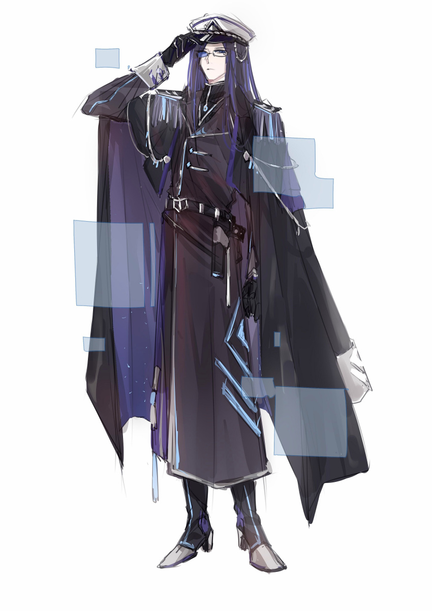 1boy, absurdres, adjusting_clothes, adjusting_headwear, arm_at_side, belt, belt_buckle, black_belt