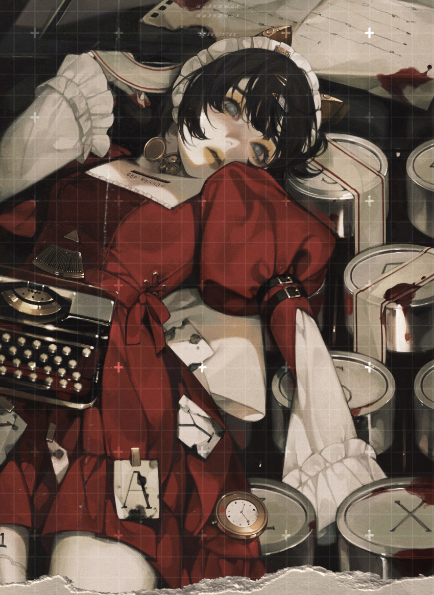1girl, absurdres, animal_ears, arm_belt, baichuan_baichuan, black_hair, blood, blue_eyes, clock, cowboy_shot, dress, eyelashes, fake_animal_ears, frills, hair_ornament, hairclip, headdress, highres, juliet_sleeves, lips, long_sleeves, looking_afar, original, paper, parted_lips, puffy_sleeves, red_dress, ringed_eyes, short_hair, solo, typewriter, white_headdress