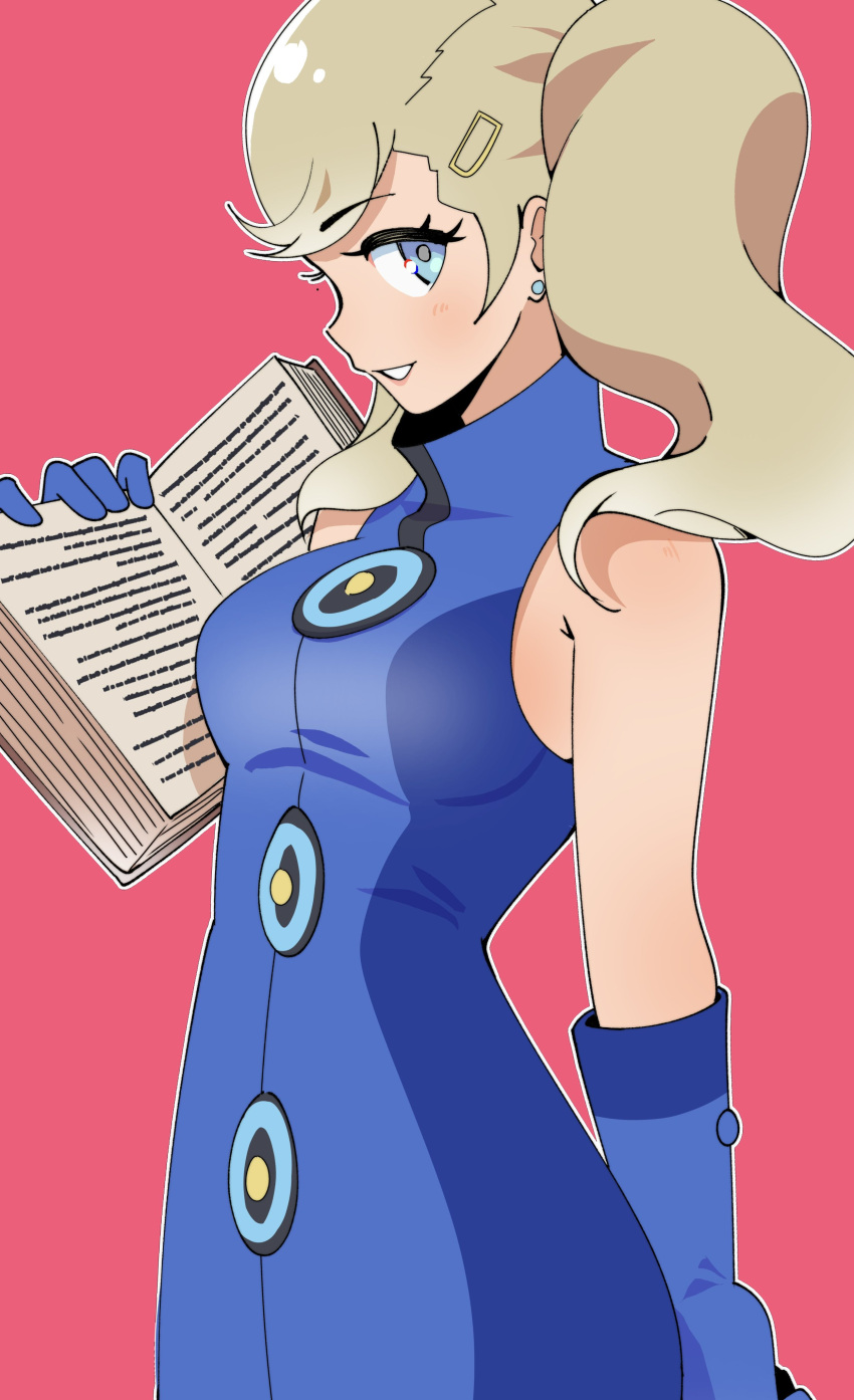 1girl, absurdres, bare_shoulders, blonde_hair, blue_dress, blue_eyes, blue_gloves, book