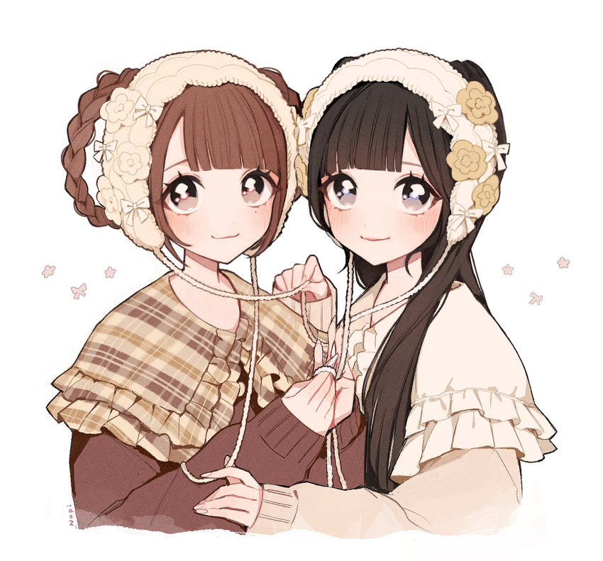 2girls, absurdres, black_eyes, black_hair, blunt_bangs, braid, braided_hair_rings, brown_eyes