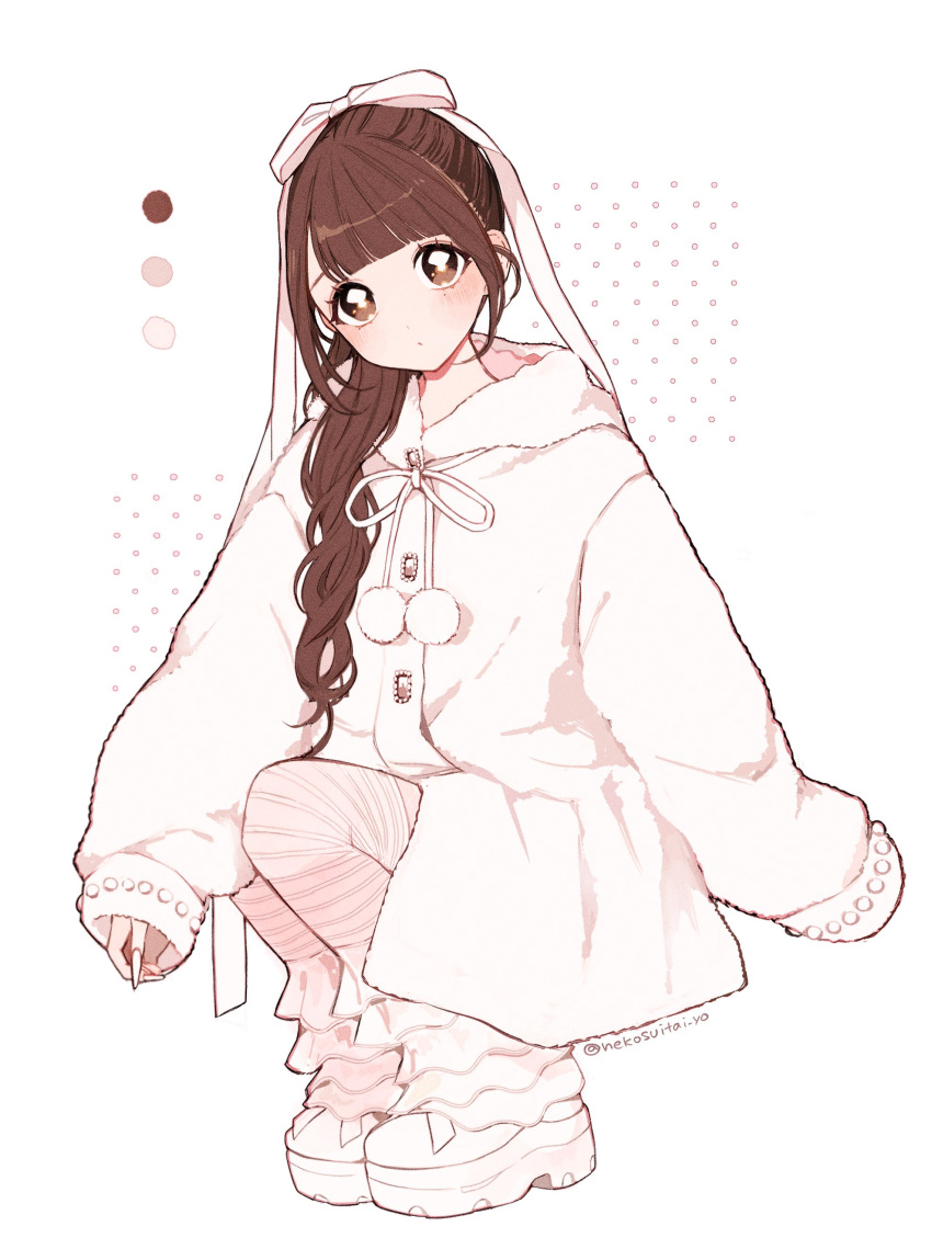 1girl, absurdres, blunt_bangs, brown_eyes, brown_hair, chiba_yuna, frilled_leg_warmers, full_body
