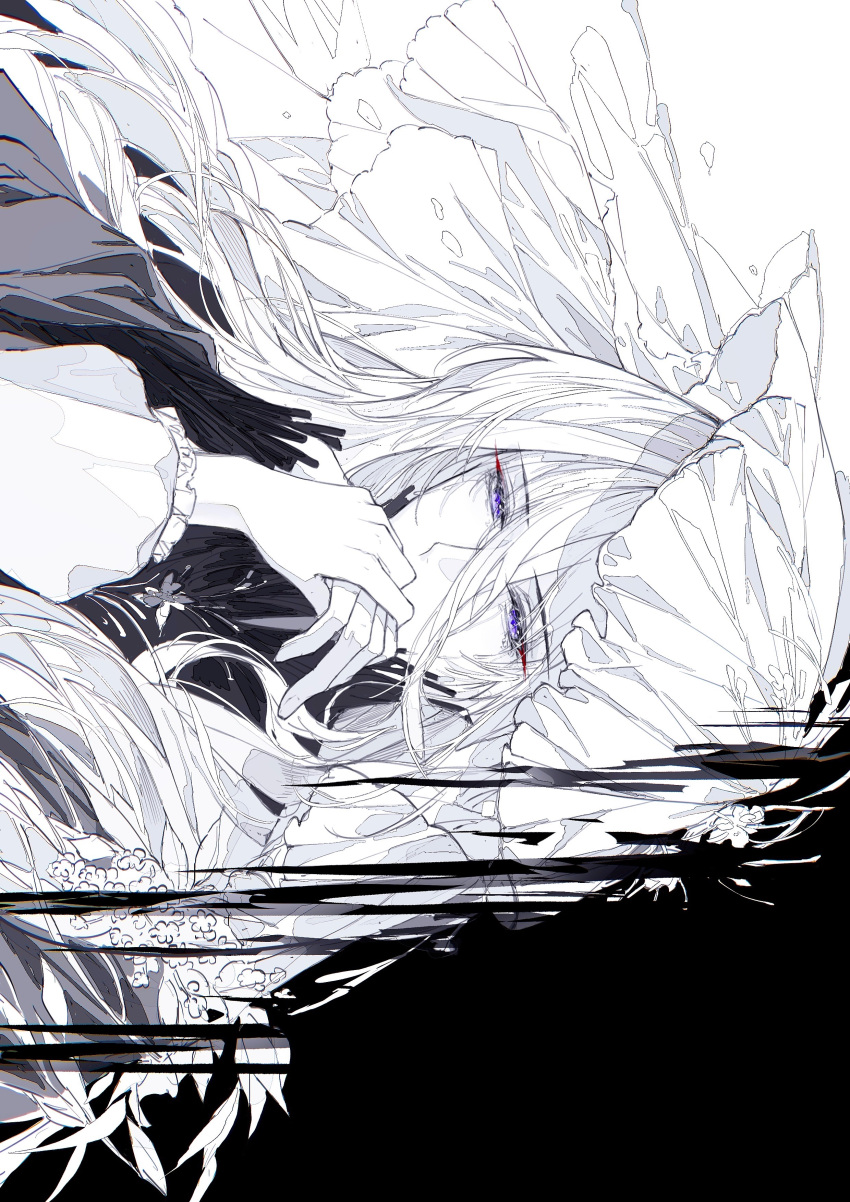 1boy, 1other, absurdres, black_background, brooch, cael_anselm, cael_anselm_(god_forsaken_land), covered_mouth, crying, crying_with_eyes_open, eyeliner, falling_petals, feng_lin_guan, flower, flower_brooch, frilled_sleeves, frills, greyscale, hair_between_eyes, hand_up, high_collar, highres, holding_hands, jewelry, kiss, kissing_hand, leaf, liquid, long_hair, long_hair_between_eyes, long_sleeves, looking_at_viewer, lovebrush_chronicles, makeup, male_focus, monochrome, official_alternate_costume, out_of_frame, petals, puffy_long_sleeves, puffy_sleeves, red_eyeliner, shawl, shirt, sideways, simple_background, solo, spot_color, tears, two-tone_background, veil, violet_eyes, white_background