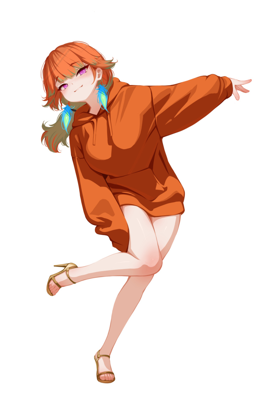 1girl, :3, breasts, closed_mouth, colored_inner_hair, feathers, full_body, gold_shoes, gradient_hair, green_feathers, green_hair, hair_flaps, high_heels, highres, hololive, hololive_english, hood, hoodie, large_breasts, long_hair, looking_at_viewer, multicolored_hair, no_pants, orange_hair, orange_hoodie, outstretched_arm, sansha_art, shoes, simple_background, single_sleeve_past_fingers, solo, takanashi_kiara, toes, violet_eyes, virtual_youtuber, white_background