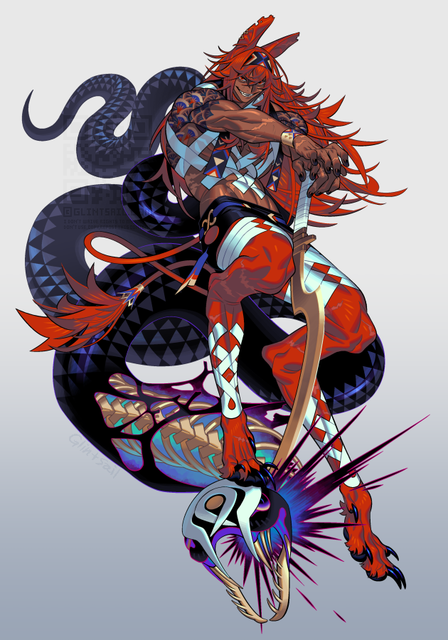 1boy, animal, animal_ears, animal_feet, claws, commentary, dark-skinned_male, dark_skin